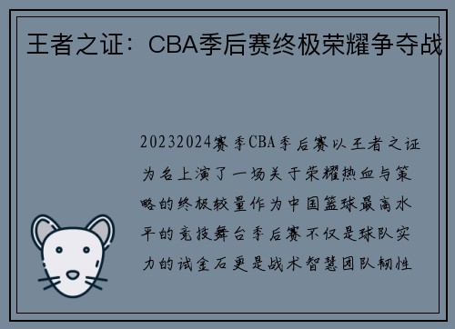 王者之证：CBA季后赛终极荣耀争夺战