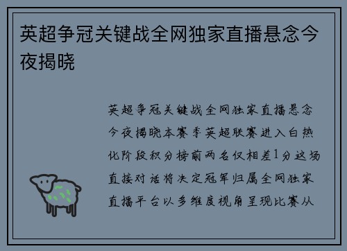 英超争冠关键战全网独家直播悬念今夜揭晓