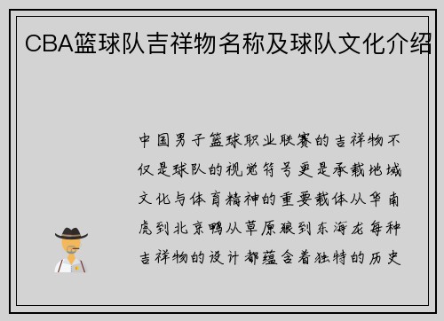 CBA篮球队吉祥物名称及球队文化介绍