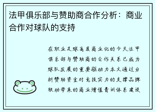 法甲俱乐部与赞助商合作分析：商业合作对球队的支持